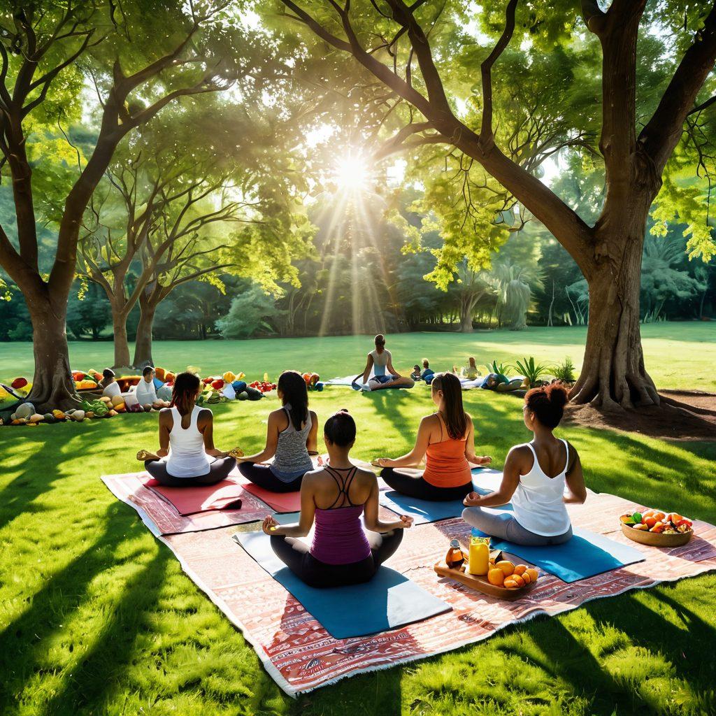 A serene scene depicting a diverse group of individuals practicing yoga in a park, surrounded by greenery and budget-friendly wellness products like herbal teas and essential oils on a picnic blanket. Include visuals of vibrant fruits and vegetables to emphasize health and affordability, with sunlight streaming through the trees. The overall atmosphere should be inviting and harmonious. vibrant colors. super-realistic.